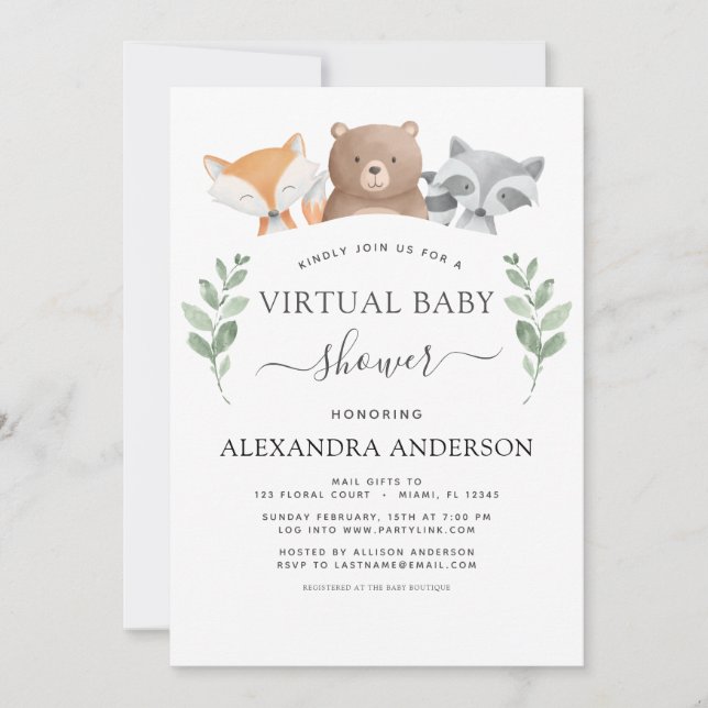 Virtual Baby Shower Woodland Eucalyptus Greenery Invitation (Front)