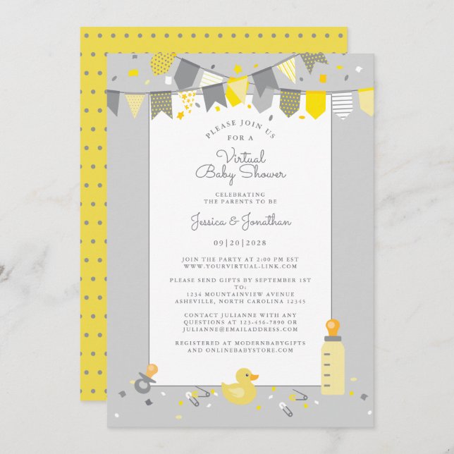 Virtual Baby Shower Yellow Grey Cute Banner Modern Invitation (Front/Back)
