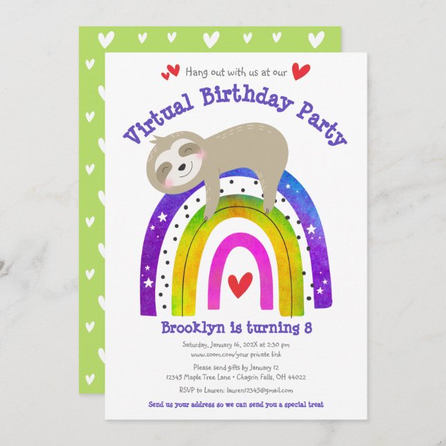 Virtual Birthday Cute Sloth Boho Rainbow Modern Invitation (Front/Back)