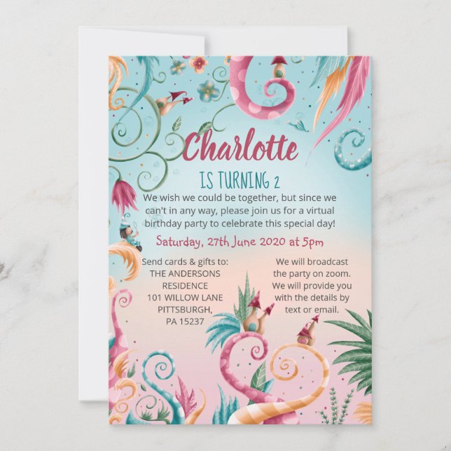 Virtual birthday, floral colourful whimsical house invitation (Front)