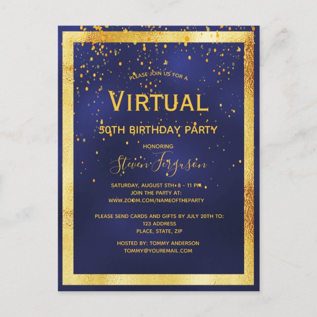 Virtual birthday party blue gold invitation postcard (Front)