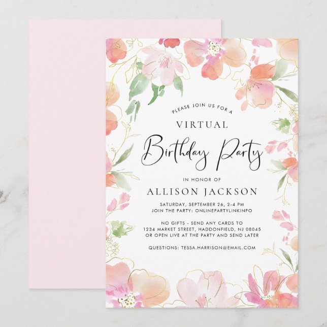 Virtual Birthday Party Floral Pink Gold Invitation (Front/Back)
