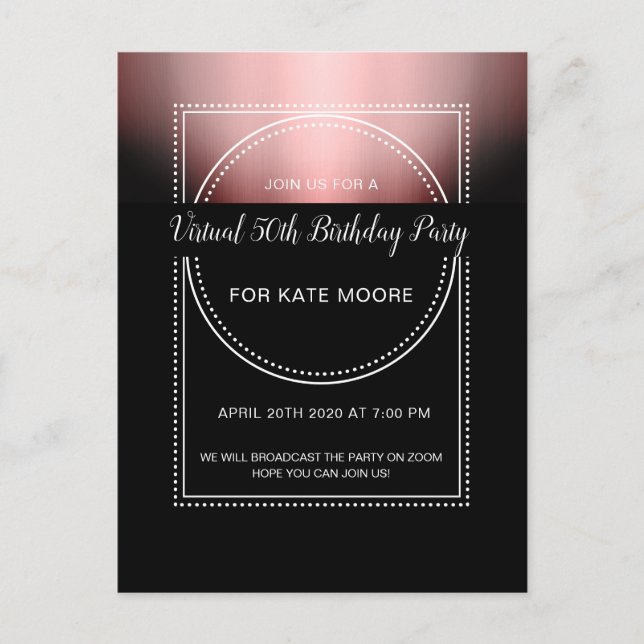Virtual Birthday Party Metallic Rose Gold Black Invitation Postcard (Front)