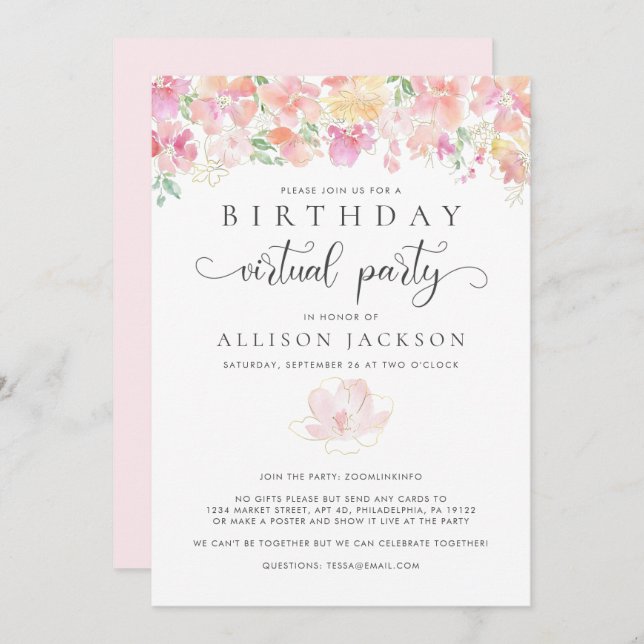 Virtual Birthday Party | Modern Pink Gold Floral Invitation (Front/Back)