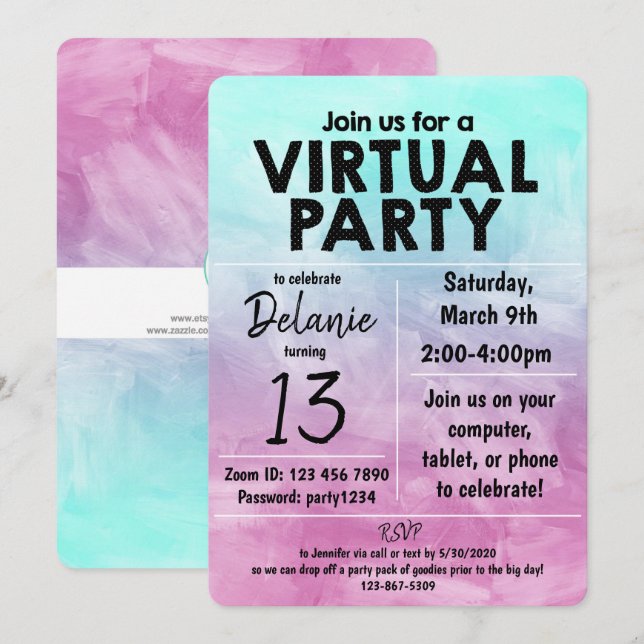 Virtual Birthday Party Watercolor Design Invitation (Front/Back)
