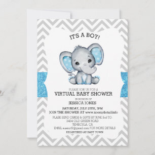 Virtual Blue Elephant Chevron Glitter Baby Shower Invitation