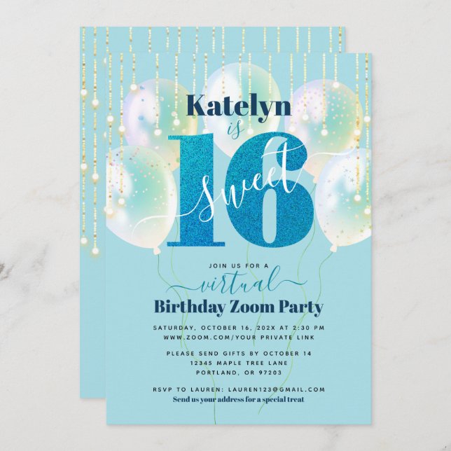Virtual Blue Glitter Sweet 16 Birthday Balloons Invitation (Front/Back)