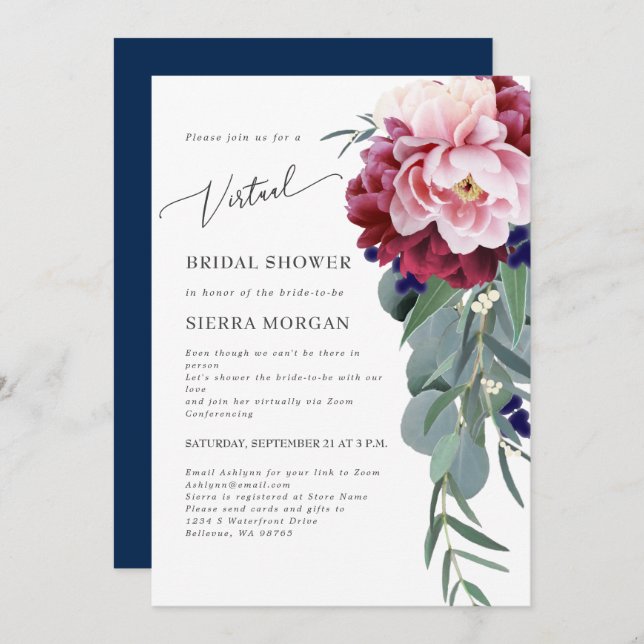 Virtual Blush Burgundy Navy Blue Bridal Shower Invitation (Front/Back)