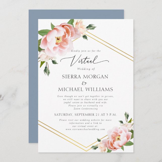 Virtual Blush Floral Gold Dusty Blue Wedding Invitation (Front/Back)