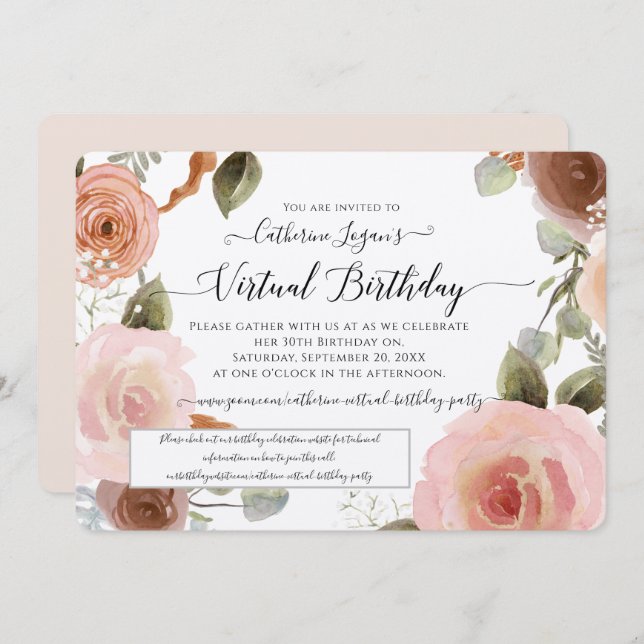Virtual Blush Floral Watercolor Wreath Birthday Invitation (Front/Back)