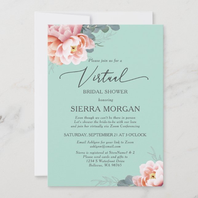 Virtual Blush Pink Mint Green Floral Bridal Shower Invitation (Front)
