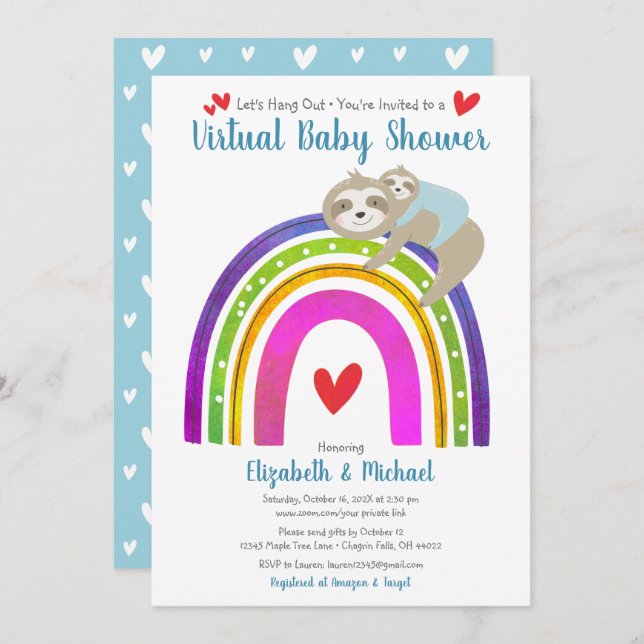 Virtual Boy Baby Shower Cute Sloths & Boho Rainbow Invitation (Front/Back)