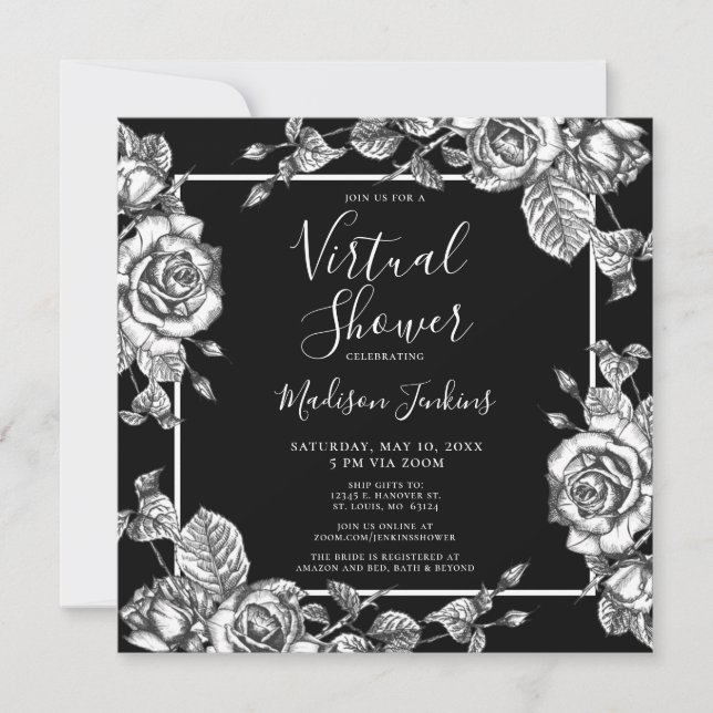 Virtual Bridal Shower Elegant Black White Floral Invitation (Front)