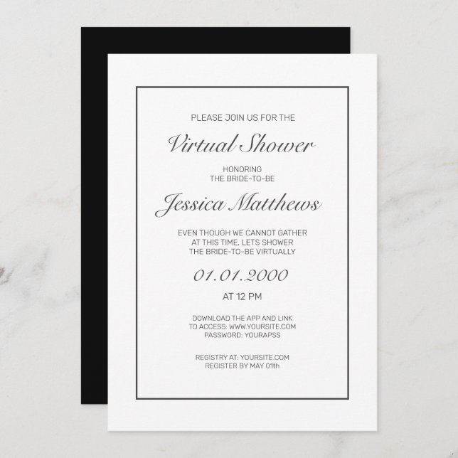 Virtual Bridal Shower Modern Minimalist Party  Invitation (Front/Back)