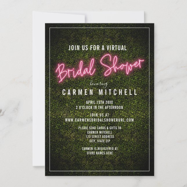 Virtual Bridal Shower Pink Neon Invitation (Front)