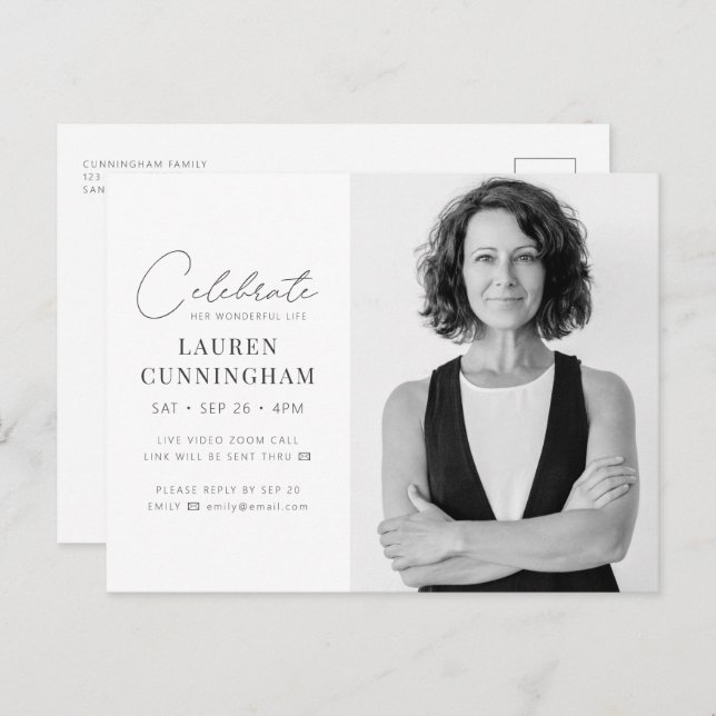 Virtual Celebrate Her Life Modern Simple Photo Invitation Postcard (Front/Back)