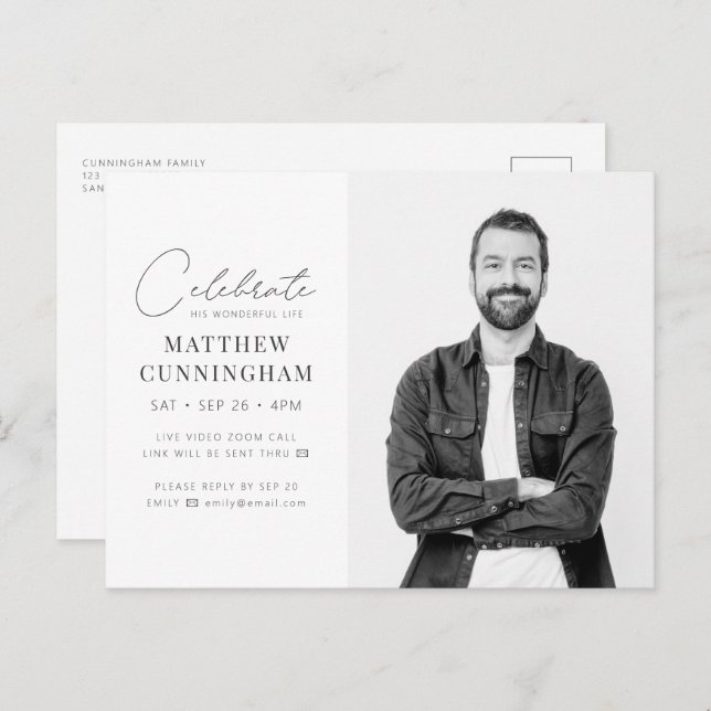 Virtual Celebrate His Life Modern Simple Photo Invitation Postcard (Front/Back)