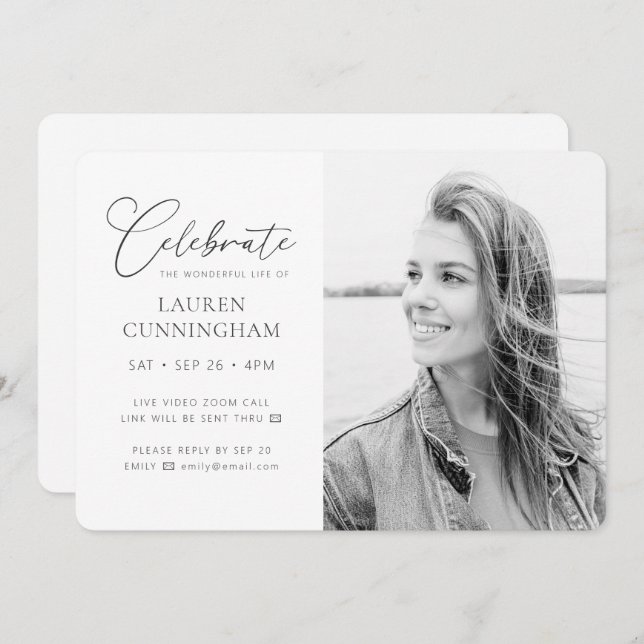 Virtual Celebration of Life Modern Simple Photo Invitation (Front/Back)
