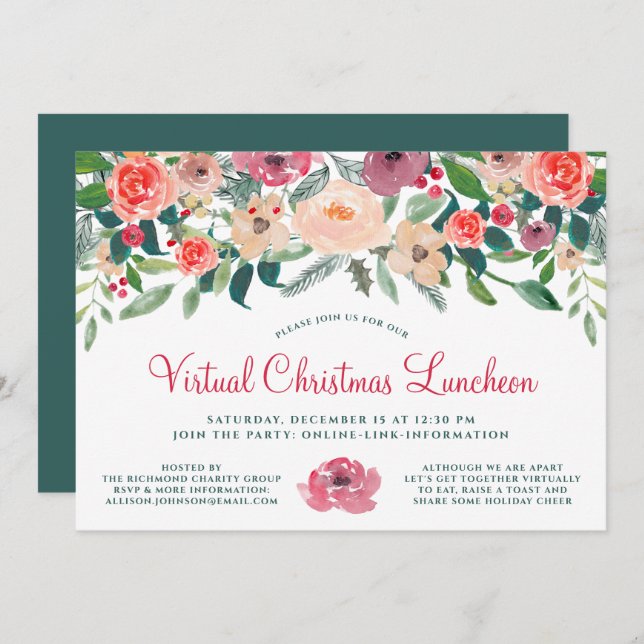 Virtual Christmas Luncheon Winter Florals Invitation (Front/Back)