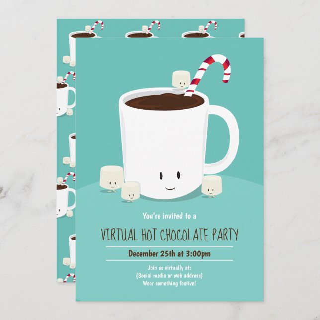 Virtual Christmas Party Hot Chocolate Teal Invitation (Front/Back)