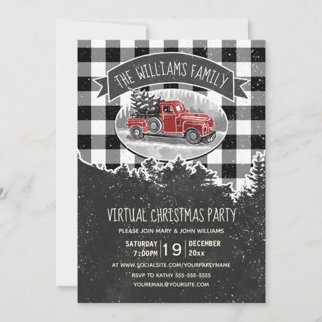 Virtual Christmas Party Vintage Red Truck Plaid Invitation (Front)