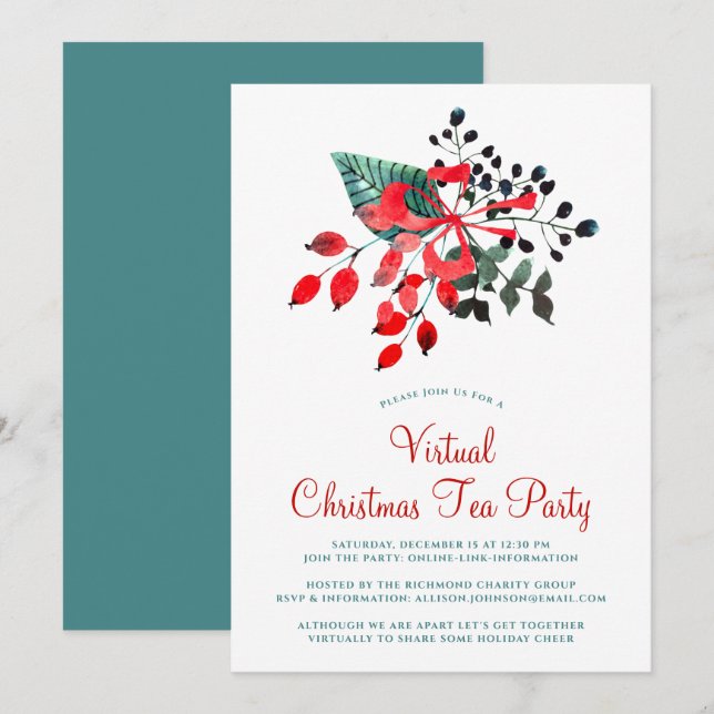 Virtual Christmas Tea Party Winter Berries Floral Invitation (Front/Back)