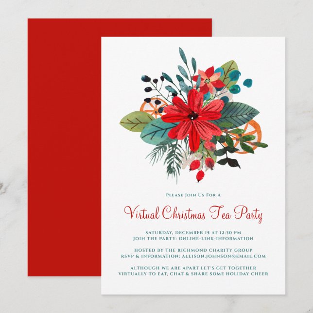 Virtual Christmas Tea Party Winter Florals Fruit Invitation (Front/Back)