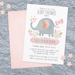 Virtual Elephant Cute Blush Pink Girl Baby Shower Invitation