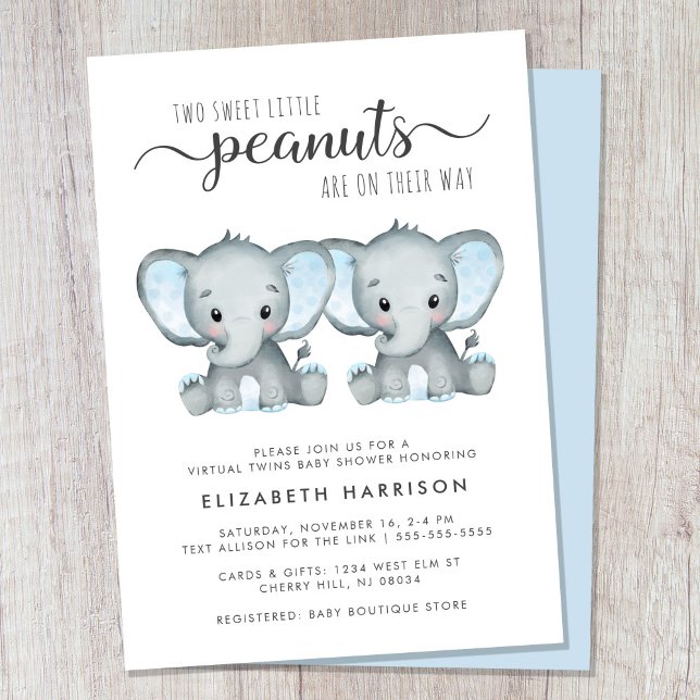 Virtual Elephant Twin Boys Baby Shower Invitation (Cute twin boys virtual baby shower invitation)