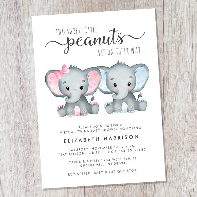 Virtual Elephant Twin Girl Boy Baby Shower Invitation (Cute twin boy and girl virtual baby shower invitation)
