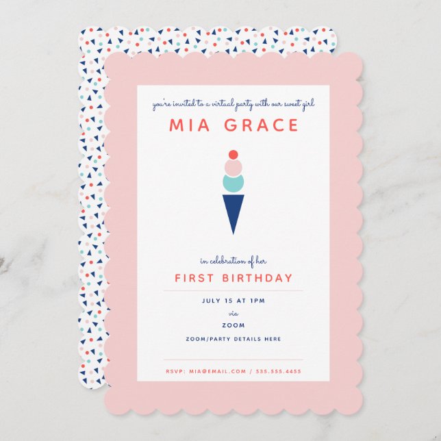 Virtual First Birthday Ice Cream Zoom Party Invitation (Front/Back)
