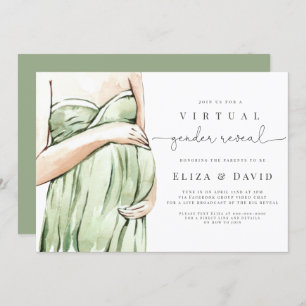  Virtual Gender Reveal Sage Green Boho He Or She Invitation