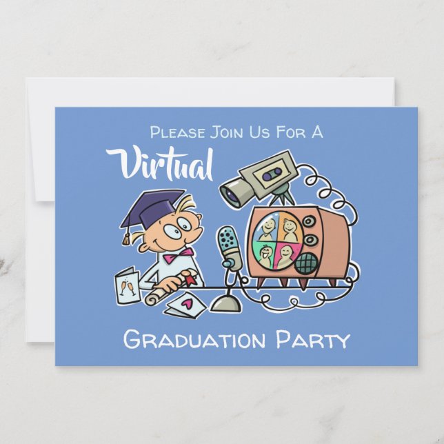 Virtual Graduation Party Funny Cartoon Blue Invitation (Front)