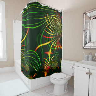 Virtual green leaves, yellow 'fire-coloured' curve shower curtain