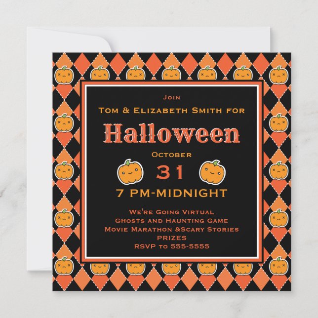 Virtual Halloween Kawaii Jack-o-lantern Argyle Invitation (Front)