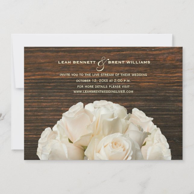 Virtual Live Stream Wedding Rustic White Roses Invitation (Front)