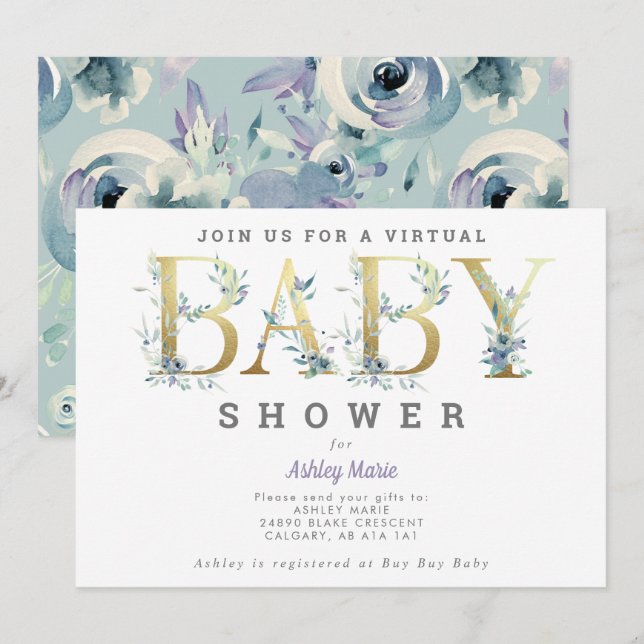 Virtual Long distance Blue Flowers Baby Shower Invitation (Front/Back)