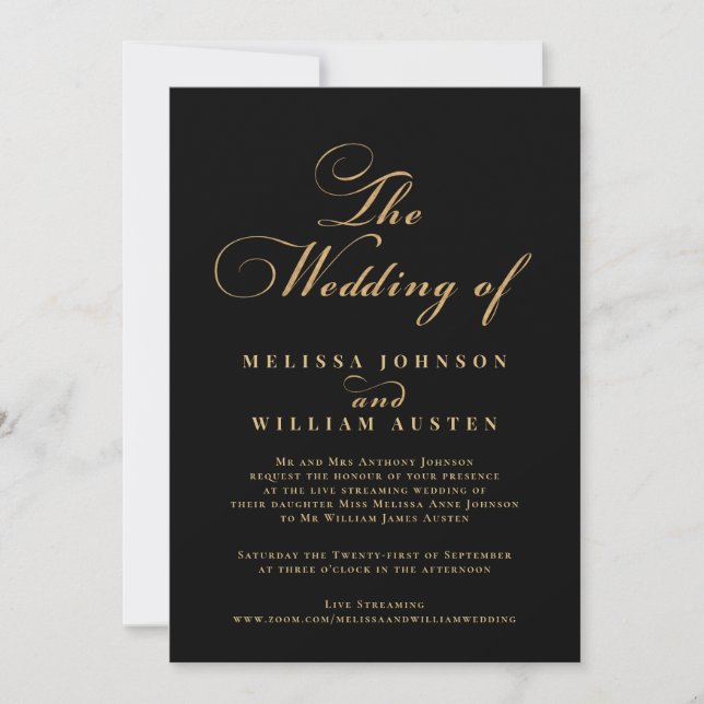 Virtual Modern Black Gold Typography Wedding Invitation (Front)
