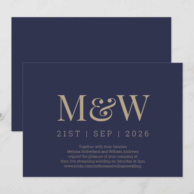 Virtual Modern Navy Gold Monogram Wedding Invitation (Front/Back)