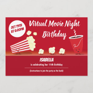 Virtual Movie Night Birthday Popcorn Cartoon Invitation