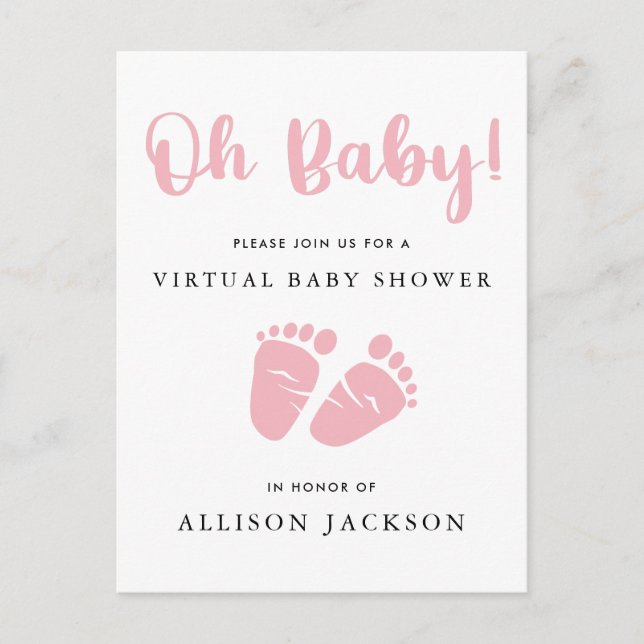 Virtual Oh Baby Pink Baby Feet Girl Baby Shower Invitation Postcard (Front)
