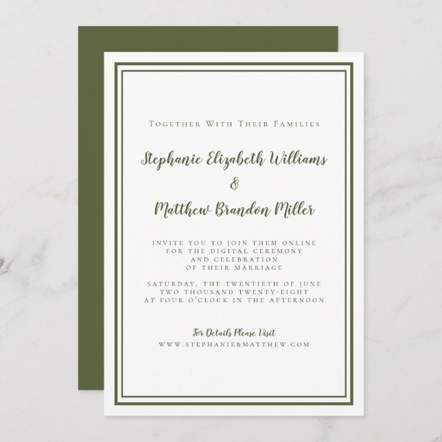 Virtual Online Cyber Wedding Olive Green Simple  Invitation (Front/Back)
