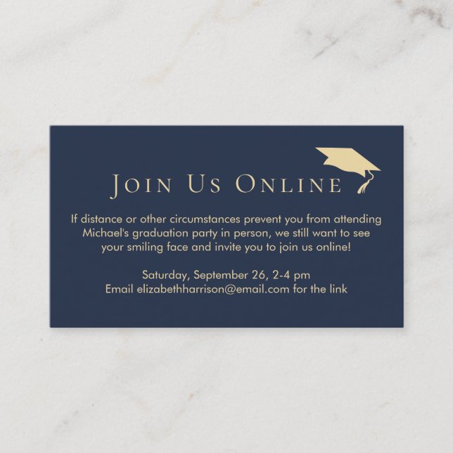 Virtual Online Graduation Party Blue Gold Enclosure Card (Front)