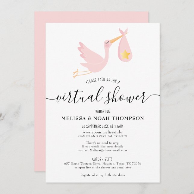 Virtual Online Long Distance Pink Baby Shower Invitation (Front/Back)