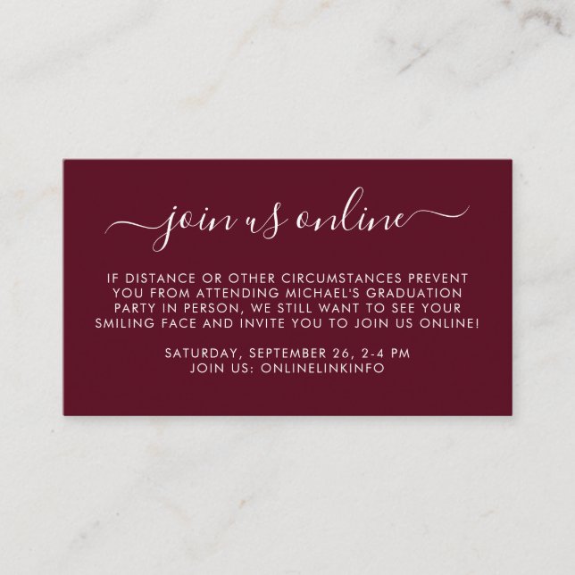 Virtual Online Option Burgundy Graduation Party Enclosure Card (Front)