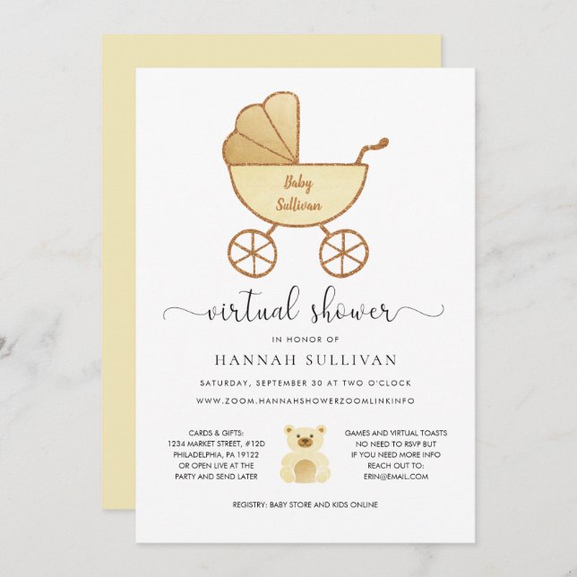 Virtual Online Shower | Retro Carriage Yellow Gold Invitation (Front/Back)