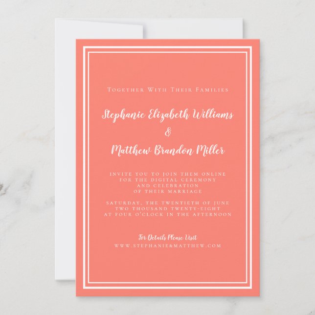 Virtual Online Wedding Coral Modern Minimalist Invitation (Front)
