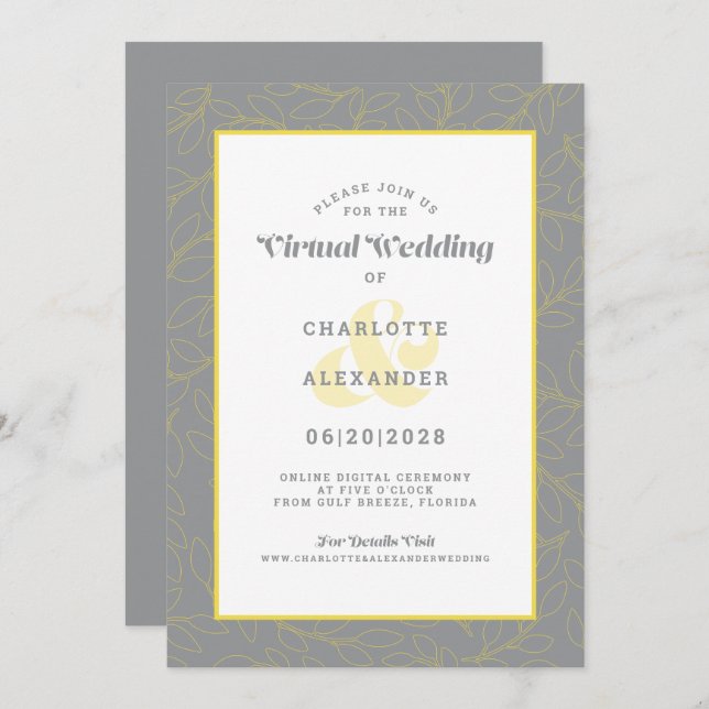 Virtual Online Yellow Grey Modern Pattern Wedding Invitation (Front/Back)