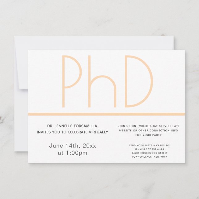 Virtual PhD degree White Cream Grey Graduation Invitation (Front)