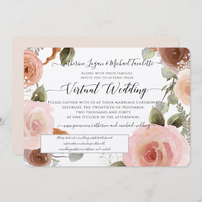 Virtual Pink Floral Watercolor Wreath Wedding Invitation (Front/Back)